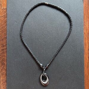 Black Hematite Bead Necklace with Double Loop Pendant